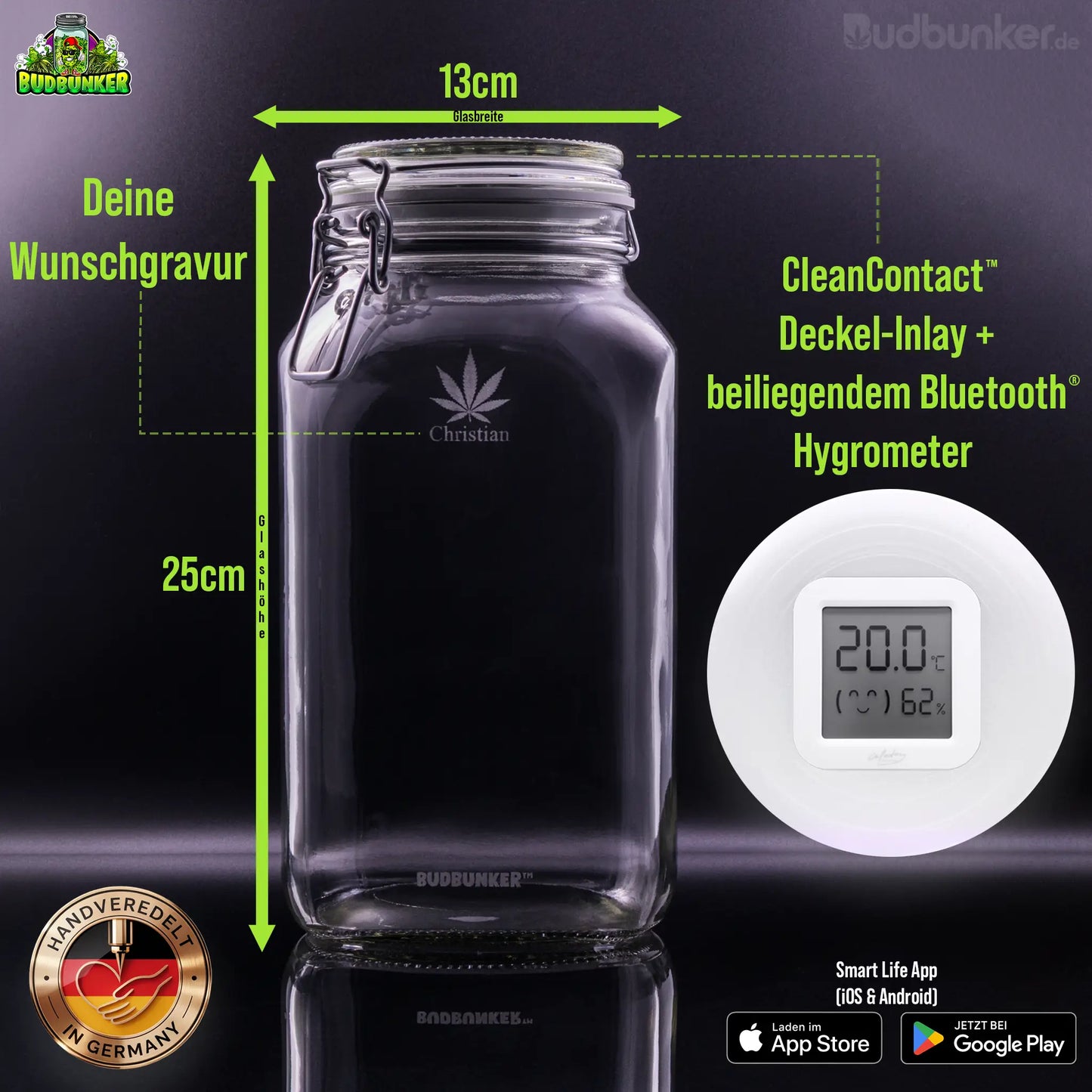 BudBunker Big Daddy Vorratsglas + Bluetooth-Hygrometer